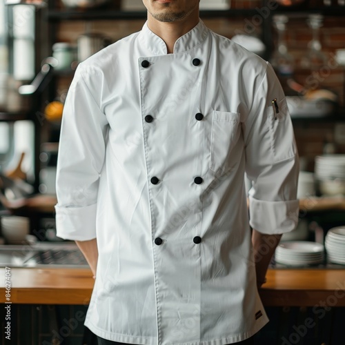 A chef's jacket with the name of the restaurant or the chef embroidered on it. Job ID: d34a8f07-d985-4147-b059-1a299cbe5a62 photo