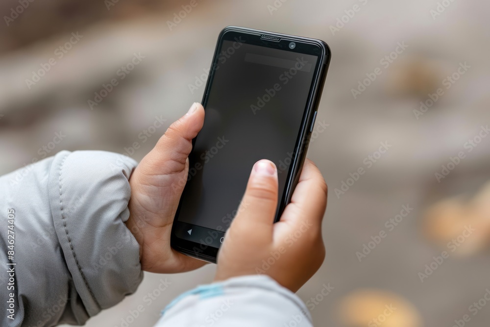 Child using smartphone outdoors. Close-up of small hands holding mobile device in gray jacket. Technology and childhood concept. Child using smartphone outdoors. Close-up of small hands holding mobile device in gray jacket. Technology and childhood concept.