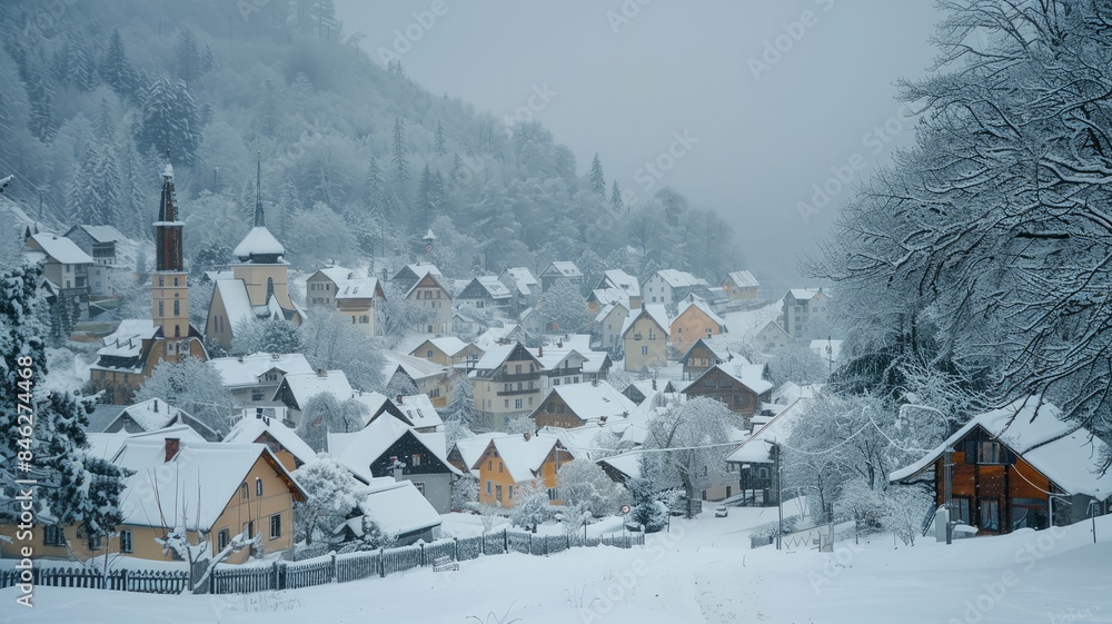 Winter village covered in snow with church Winter village covered in snow with church