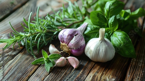 Stylish photograph of fresh herbs and garlic on a wooden surface for your design