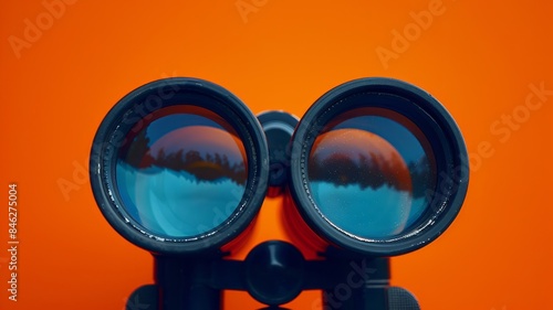 Close-up of binoculars against an orange background photo