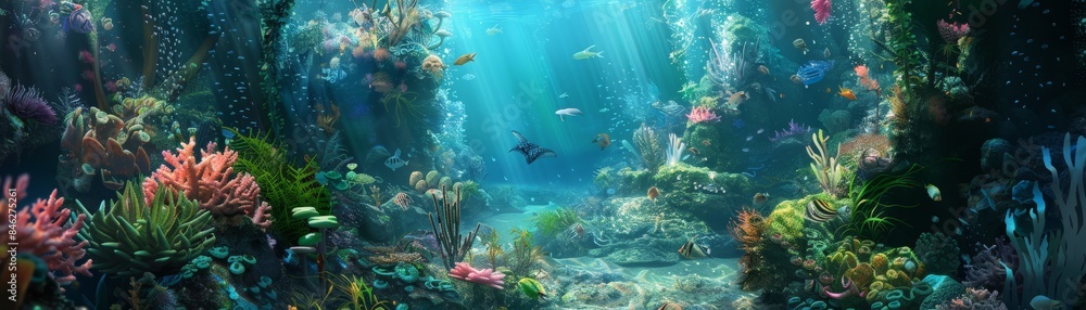 Fototapeta premium Beautiful underwater scene with vibrant coral reefs and diverse marine life, illuminated by sun rays penetrating the ocean surface.