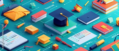 A vibrant, high-angle view of a meticulously organized graduation planning guide with colorful checklists and decorative elements in a digital illustration, perfect for online media photo