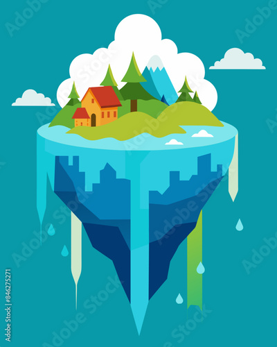 The ice caps are rapidly melting causing a rise in sea levels and threatening the existence of coastal communities.. Vector illustration