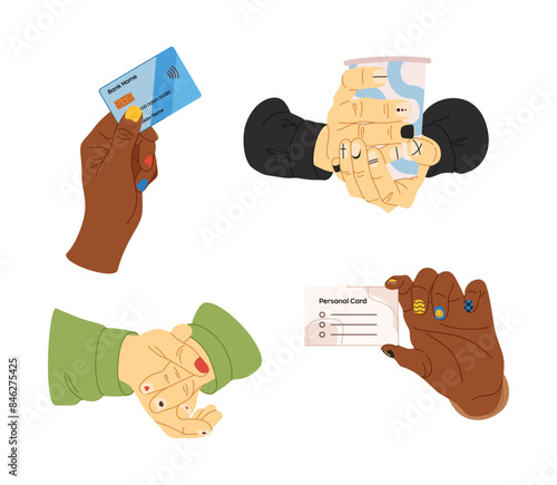 Hands of man with basic nail design isolated on a white background. Man hold paper cup, business and credit cards. Male manicure concept. Paper cup in hands. Manicure with line and patterns, trendy