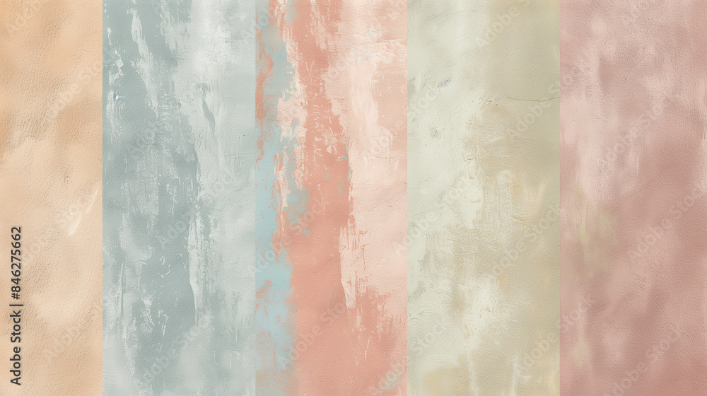 Fototapeta premium Rustic Textured Wall with Subtle Earth Tones Color Washing Technique. Aged effect. Palette of dusty rose, sage green, muted mustard, soft terracotta, pale sky blue.