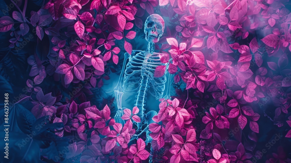 Skeleton amidst vibrant purple foliage Skeleton amidst vibrant purple foliage