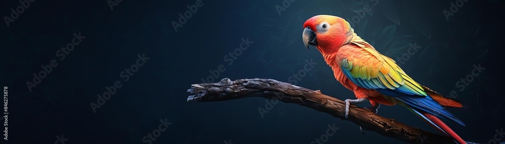 Obraz premium Birds-eye view of a curious parrot on a perch, digital CG 3D, vivid and lifelike, intricate feather details, dynamic pose, suitable for unique gifts and bespoke pet art