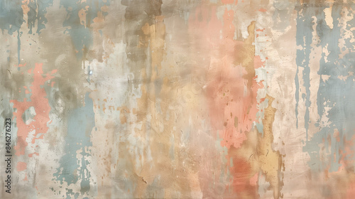 Rustic Textured Wall with Subtle Earth Tones Color Washing Technique. Aged effect. Palette of dusty rose, sage green, muted mustard, soft terracotta, pale sky blue.