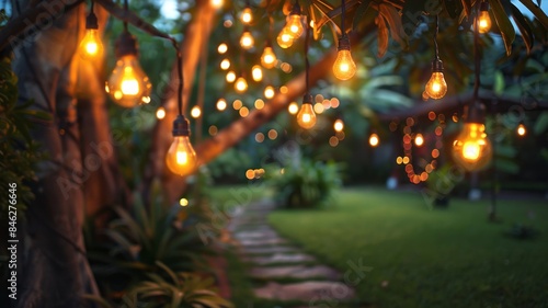 Hanging lights illuminating garden at night © Putra