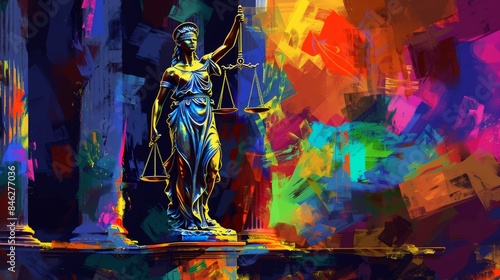 An artistic representation of Lady Justice in bright, abstract colors signifying justice amidst chaos photo