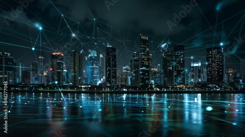 A neon-lit city skyline with visible network connections symbolizing a connected, smart city photo