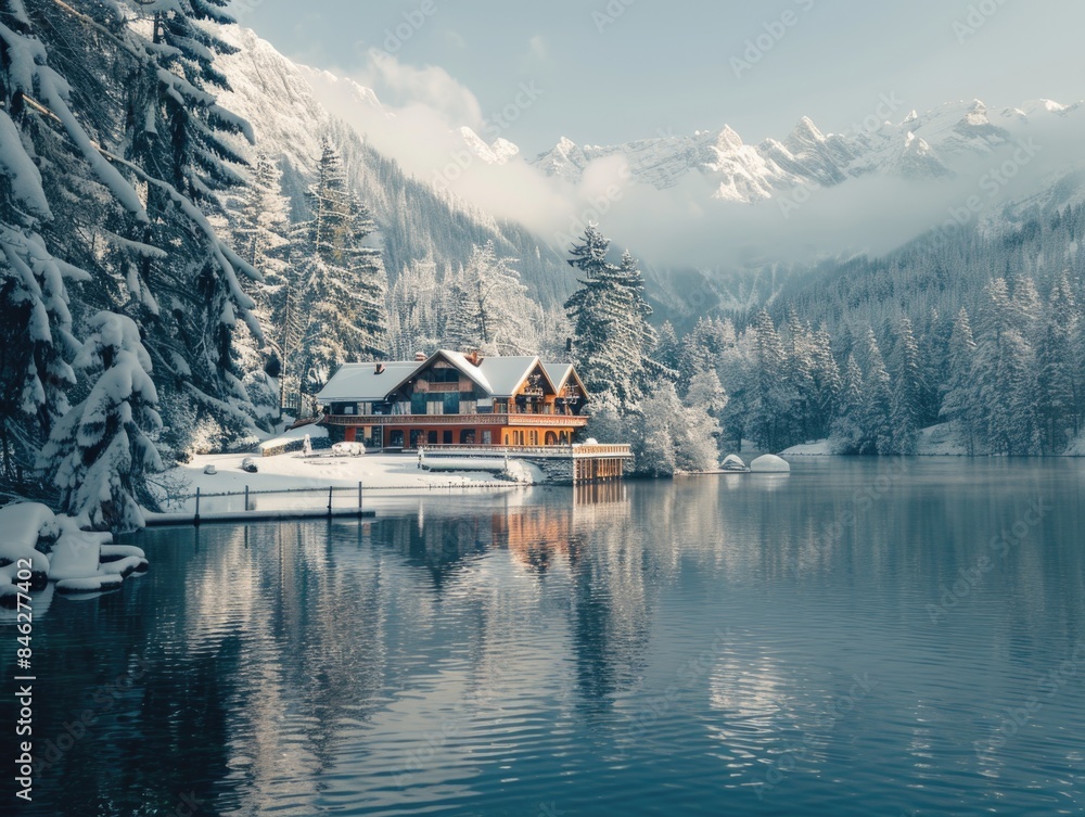 A house sits on a lake surrounded by snow-covered trees A house sits on a lake surrounded by snow-covered trees