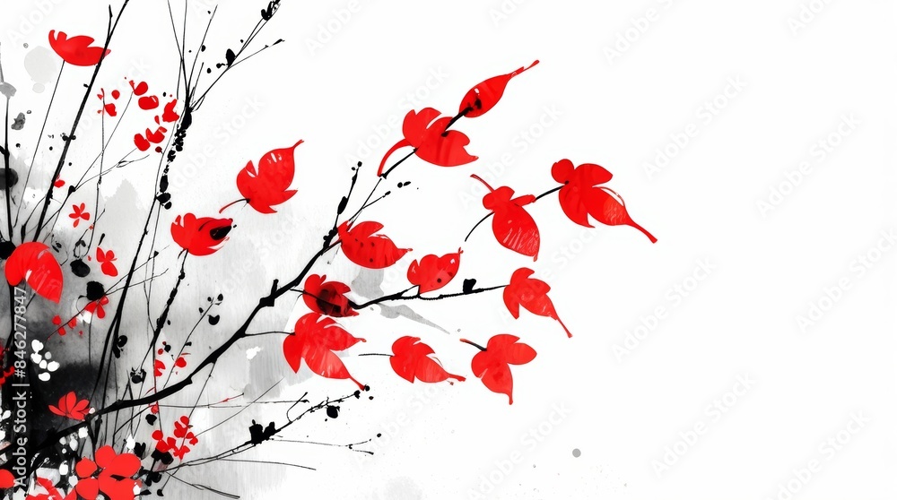 Fototapeta premium Autumn tree leaves Japanese ink painting in red and black brush strokes on white background, Minimalistic painting art 