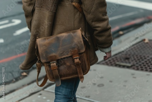 Person walking holding brown leather bag

