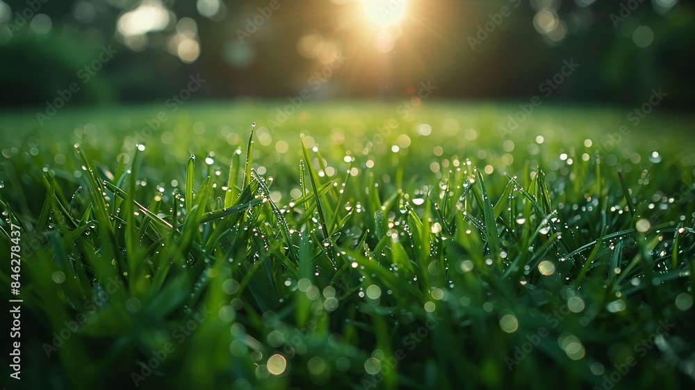 Close-up of dewdrops on green grass with morning sunlight Close-up of dewdrops on green grass with morning sunlight