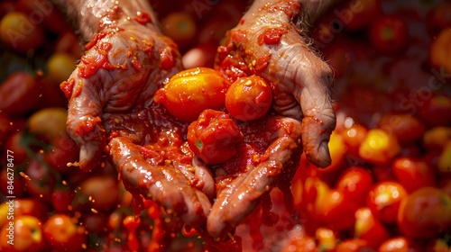 Close-up of hands squishing ripe tomatoes, preparing for the tomato fight at La Tomatina photo