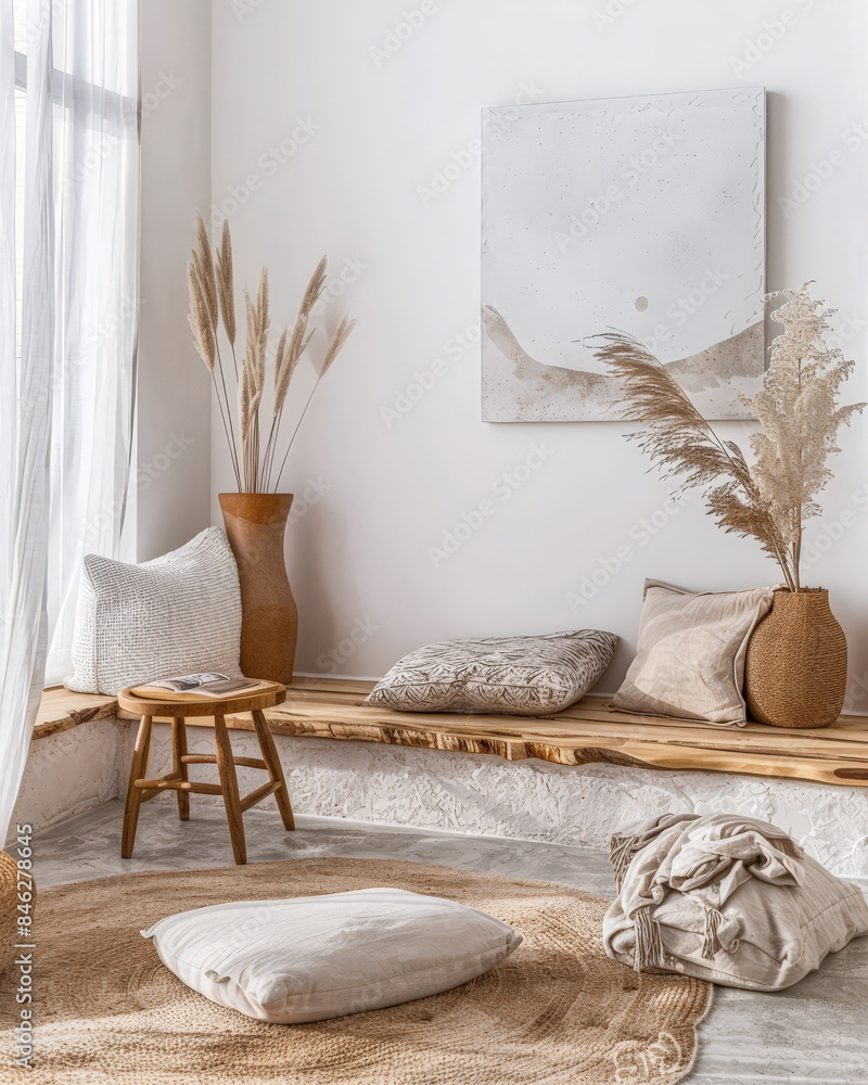 Meditation space in a room with serene vibes, minimal furniture and copyspace. Home interiors composition. Meditation space in a room with serene vibes, minimal furniture and copyspace. Home interiors composition.