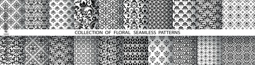 Geometric floral set of seamless patterns. White and black vector backgrounds. Damask graphic ornaments.