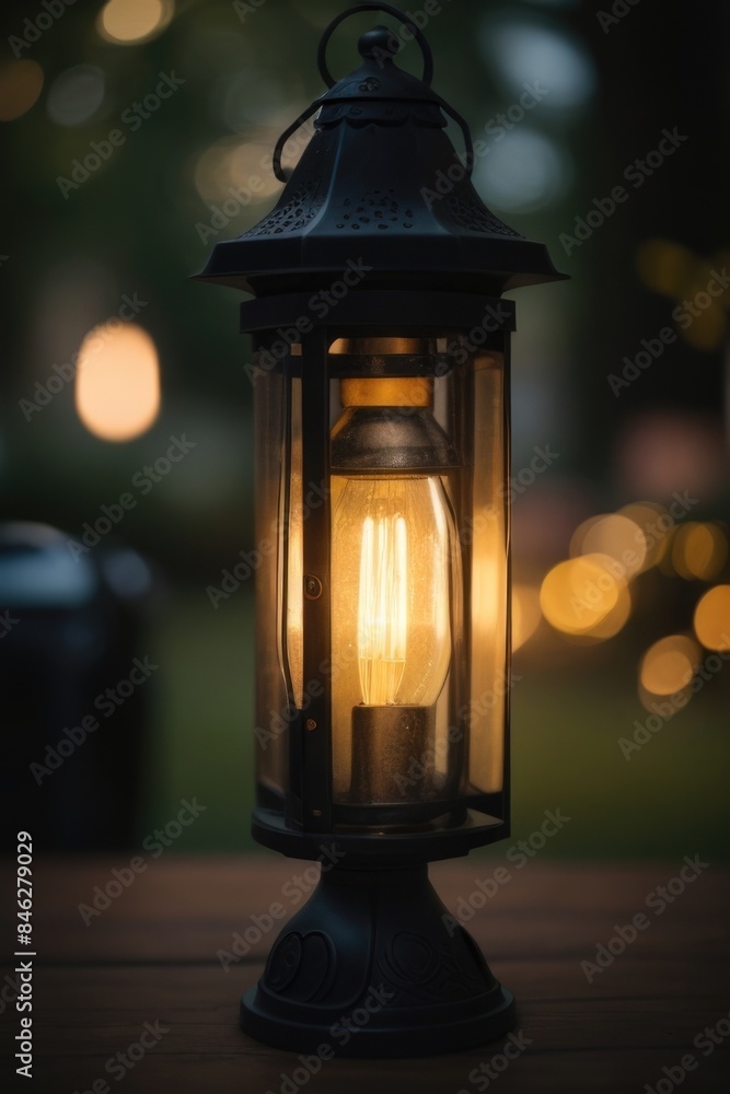 an old-fashioned light bulb is lit up in an outdoor an old-fashioned light bulb is lit up in an outdoor