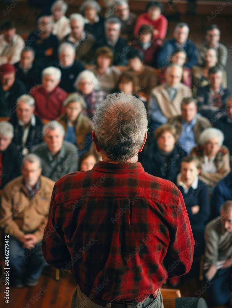 A man stands in front of a crowd of people, giving a speech