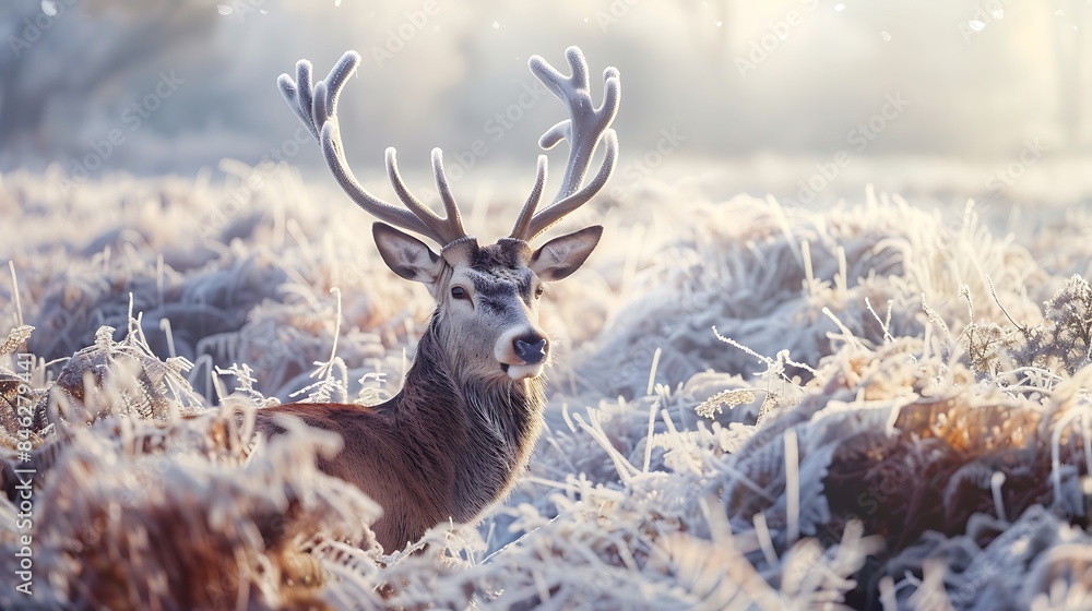 Young red deer buck frosted grass winter concept Young red deer buck frosted grass winter concept