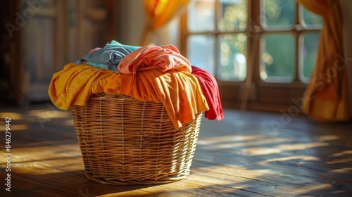 full landry basket with assorted garments in vibrant colors photo