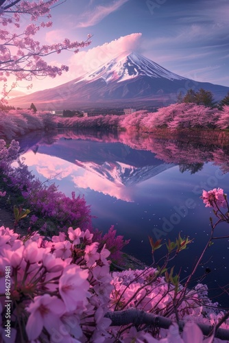A beautiful mountain range with pink flowers in the foreground