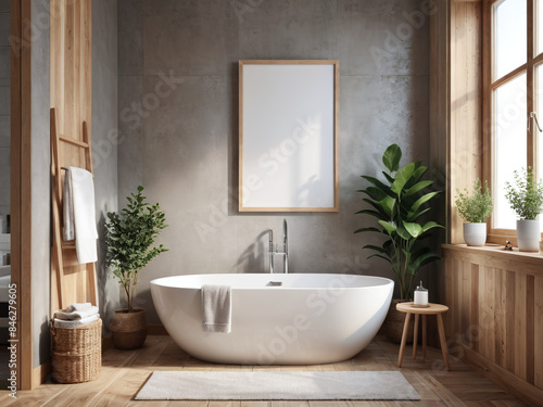 Blank DIN A Wooden Vertical PSD Frame Mockup, Minimalist Scandinavian Interior bath room Background, Digital Frame, Home Decor Mockup