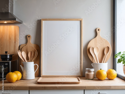 Blank frame mockup light wood DIN A 4 in kitchen food on mockup vertical frame mockup scandinavian interior