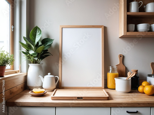 Blank frame mockup light wood DIN A 4 in kitchen food on mockup vertical frame mockup scandinavian interior