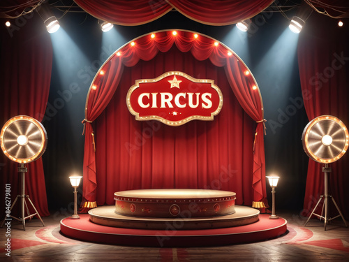 Circus stage podium background 3D carnival light red show curtain. Circus platform stage podium tent theater arena sign vintage spotlight circle stand bulb ringmaster ring cirque cartoon party cinema