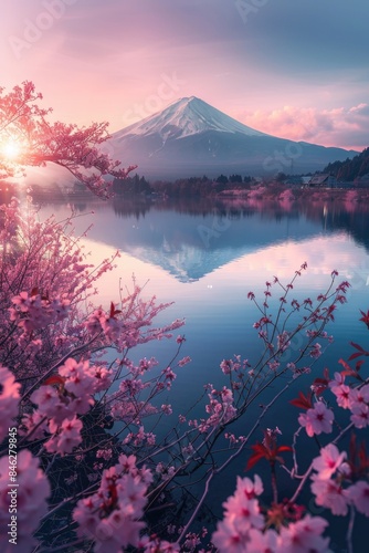 A beautiful scene of a mountain with pink flowers in the foreground