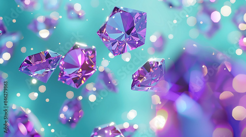 3D minimalism with purple diamonds floating on a bright cyan background featuring clear circles. © Adeel  Hayat Khan