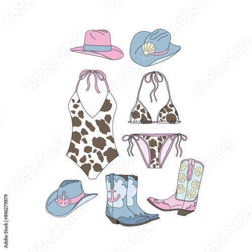 Coastal Cowgirl accessories vector clip-art set isolated on white. Cow printed swimming suit, cowboy hat, cowboy shoes illustrations.