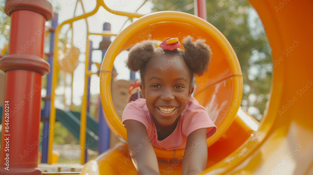 A young African American child plays on a tube slide in an outdoor playground. A young African American child plays on a tube slide in an outdoor playground.