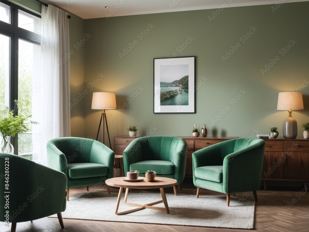 Home interior mock-up with green armchairs, table and decor in living room Home interior mock-up with green armchairs, table and decor in living room