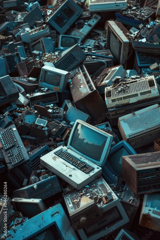 A pile of old computer equipment, including a laptop and a TV A pile of old computer equipment, including a laptop and a TV