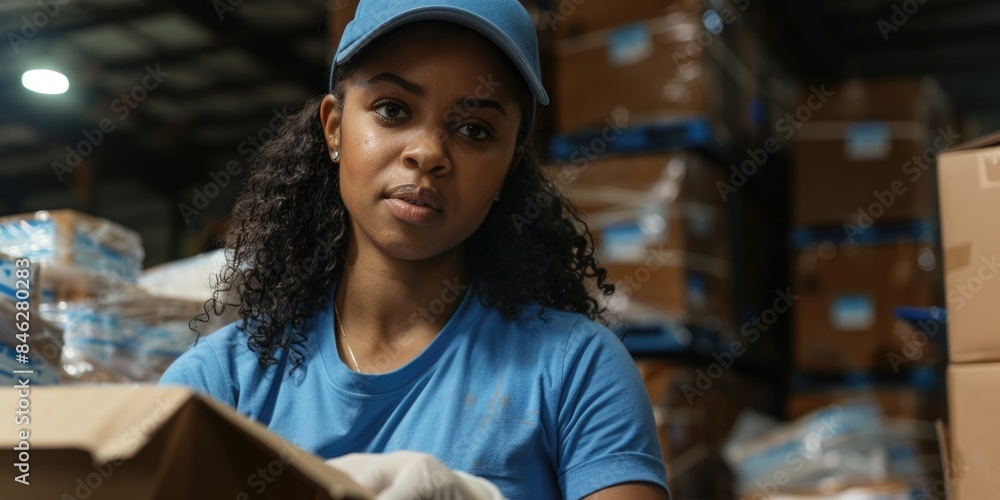 A woman wearing a blue shirt and a hat is standing in front of a box A woman wearing a blue shirt and a hat is standing in front of a box