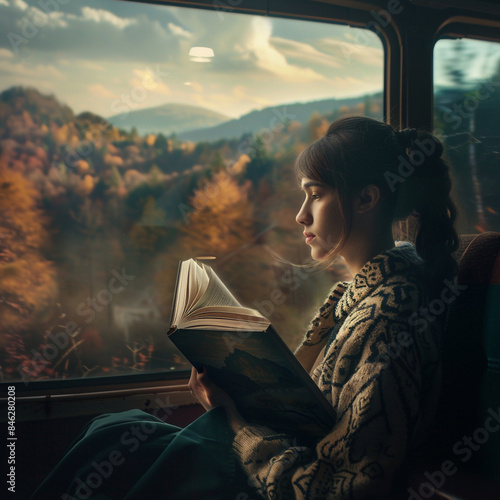 a girl reading a historical novel on a train journey. As the landscape changes outside her window, she imagines herself traveling back in time and living through the events described in her book photo