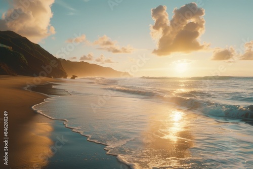 The beach is calm and peaceful with the sun setting in the background