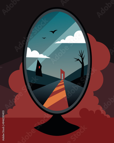 The mirror reflecting an alternate reality where their own actions had led them down a dark path filled with regret and despair.. Vector illustration