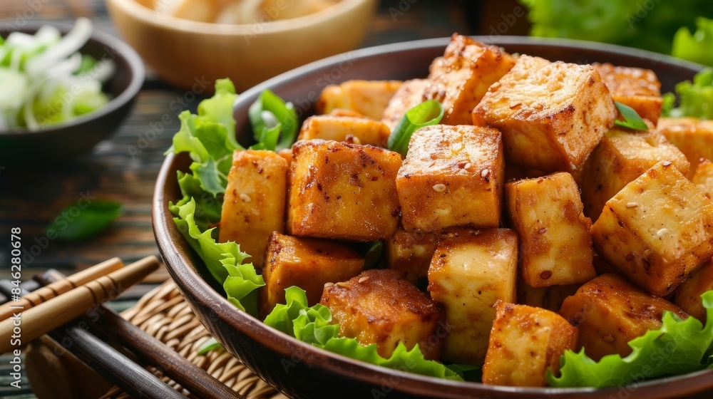 Golden cubes of fried tofu are carefully p on top adding a vegetarian protein source. Golden cubes of fried tofu are carefully p on top adding a vegetarian protein source.