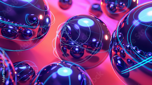 Neon blue wireframes highlight metallic purple orbs against a coral gradient with dotted patterns. photo