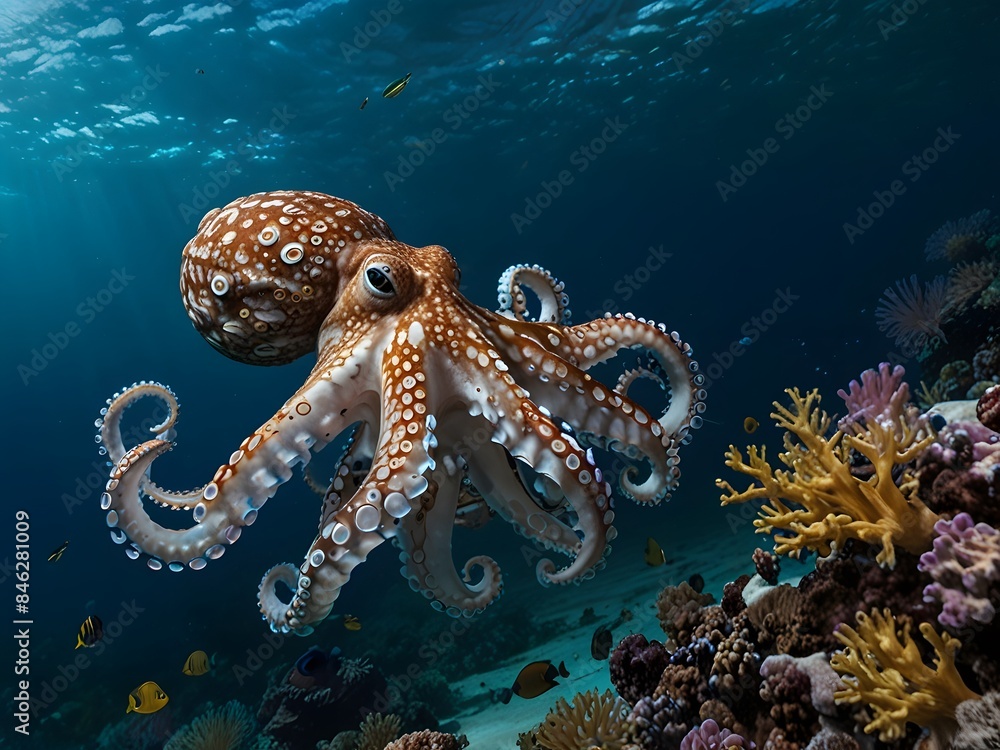 A majestic giant squid swims gracefully through the deep ocean waters A majestic giant squid swims gracefully through the deep ocean waters