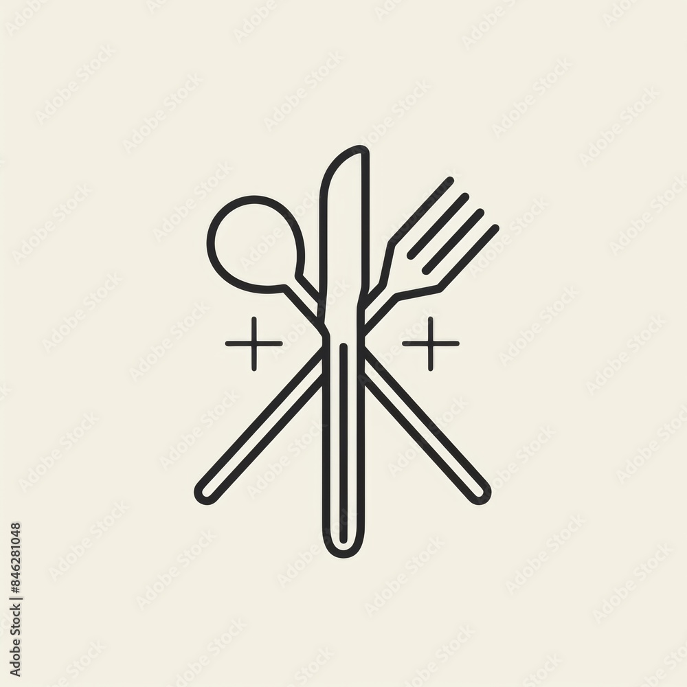 A black and white drawing of a fork, knife, and spoon, logo. A black and white drawing of a fork, knife, and spoon, logo.