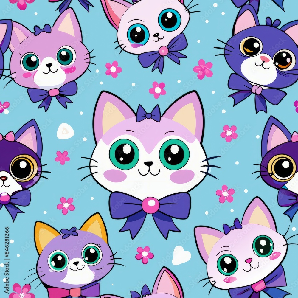 Fototapeta premium Seamless pattern of cartoon kittens with big, sparkling eyes and playful expressions, each kitten adorned with tiny accessories like bows and collars, Generative AI