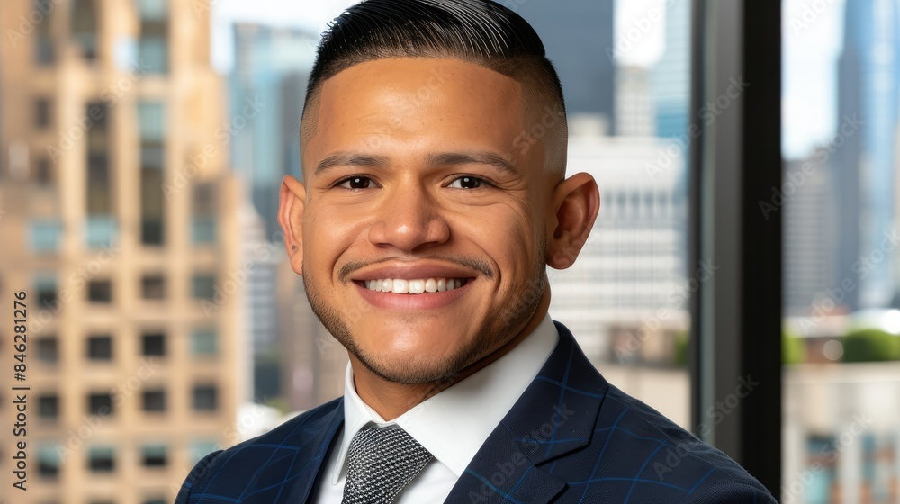 Smiling Young Latino Businessman in a Suit with City Skyline Background
Smiling Young Latino Businessman in a Suit with City Skyline Background