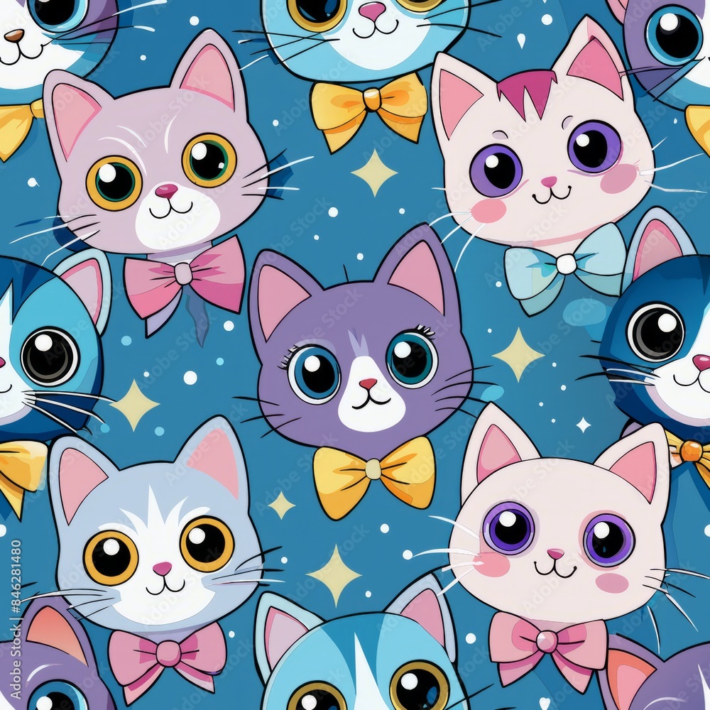 Fototapeta premium Seamless pattern of cartoon kittens with big, sparkling eyes and playful expressions, each kitten adorned with tiny accessories like bows and collars, Generative AI