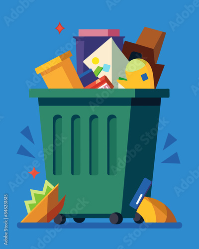 The dumpster was filled to the brim with waste making it nearly impossible to add anything else without it toppling over.. Vector illustration